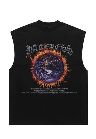 EARTH PRINT SLEEVELESS T-SHIRT SPACE TANK TOP SURFER VEST 