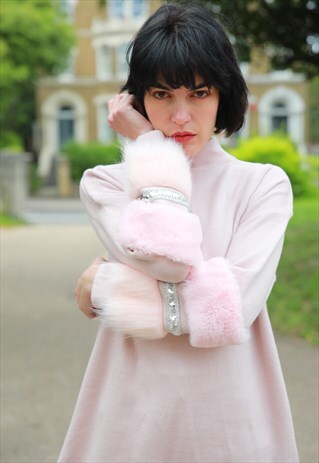 FAUX FUR AND SEQUIN EMBELLISHED SLEEVES JUMPER DRESS