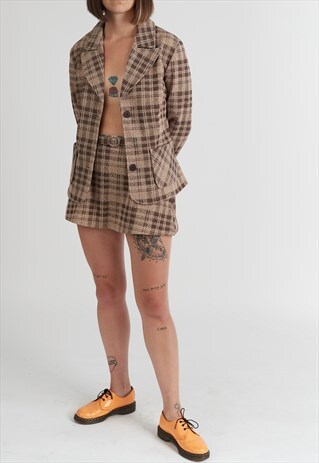 WOMEN'S VINTAGE BROWN CHECK SKIRT SUIT