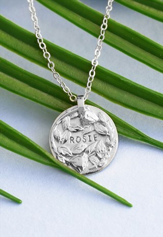 SILVER PERSONALISED NAME COIN ROSES NECKLACE HANDMADE
