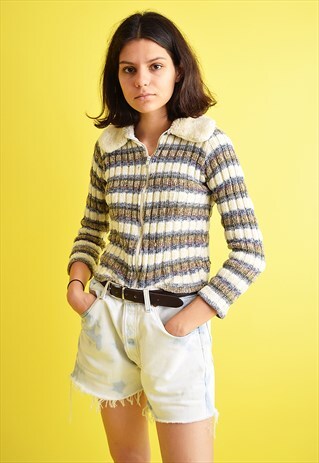90'S RETRO VELVETEEN FAUX FUR STRIPED KNITTED JUMPER TOP