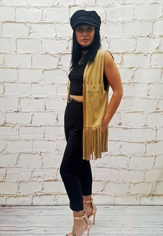 VINTAGE REAL SUEDE/LEATHER BEIGE FRINGED WAISTCOAT