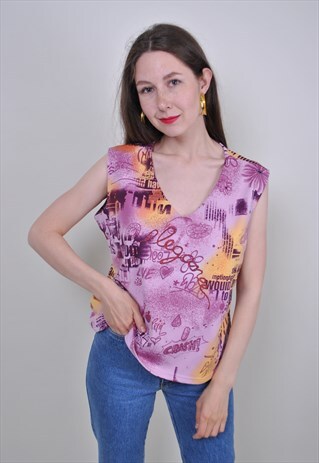 90S PURPLE PATTERN TANK TOP, VINTAGE PINK SLEEVLESS BLOUSE