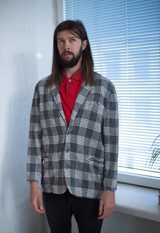 VINTAGE 90'S GREY/BLACK PLAID BLAZER