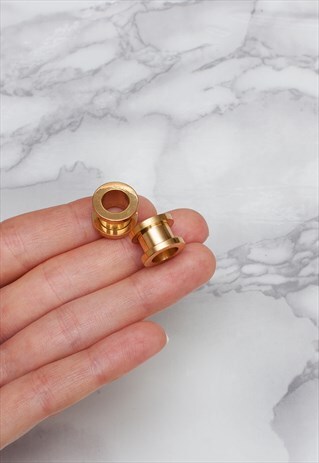 GOLD STEEL EAR TUNNEL SET X 2 LARGE PLUG FLARE BODY JEWELRY