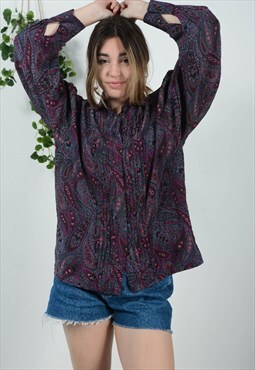 Vintage 70s Festival Blouse Abstract Print in Purple