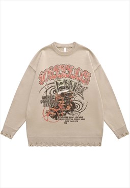 Money print sweater knitted distressed gangster jumper beige