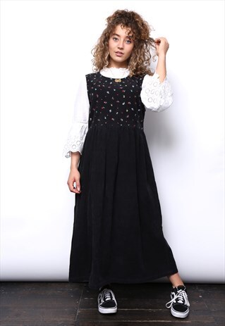VINTAGE 90S BLACK EMBROIDERED CORD CORDUROY PINAFORE DRESS