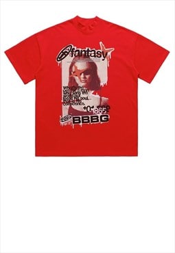 Grunge t-shirt raver print tee retro poster top in red