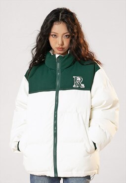 Color block bomber contrast puffer jacket winter coat green