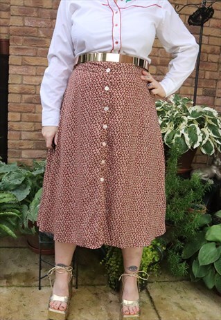 Vintage 90s Maroon Cottage Floral Flower Festival Midi Skirt