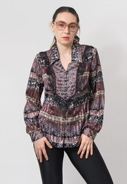 Vintage bohemian shirt satin lace boho long sleeve blouse 