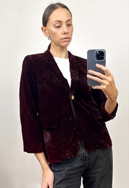 Vintage Burgundy Velvet Blazer, Elegant Velour Jacket