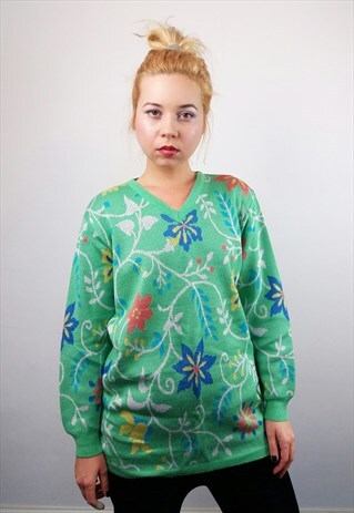 VINTAGE FLORAL PRINT V-NECK JUMPER / KNIT PULLOVER