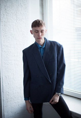 VINTAGE 80'S BLUE STRIPED DOUBLE BREASTED WOOL BLAZER