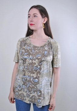 90s abstract print bohemian tshirt, vintage floral pattern 