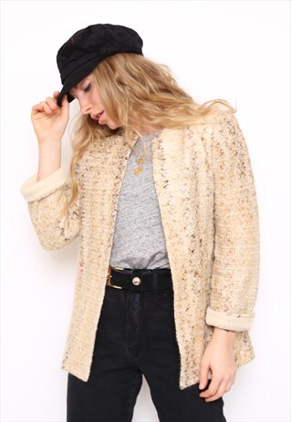 VINTAGE 90S CREAM WOOL KNIT BLAZER JACKET