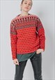 VINTAGE 80S BOXY FIT KNITTED WINTER JUMPER IN RED PATTERN