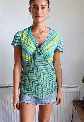 VINTAGE Y2K ABSTRACT PRINT TIE FRONT TOP V NECK TURQUOISE 