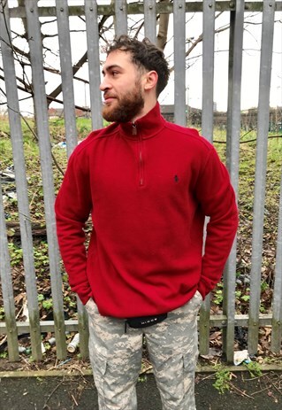 VINTAGE RALPH QUARTER ZIP BURGUNDY POLO JUMPER SWEATER