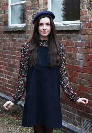 NAVY CORDUROY DUNGAREE MINI DRESS RELAXED FIT