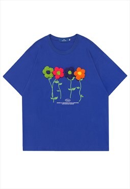 Floral patch t-shirt Y2K floral tee retro 70s top in blue