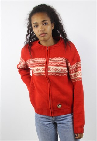 VINTAGE PATTERNED RED WOOL ZIP-UP JUMPER