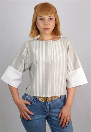 VINTAGE 90'S KIMONO SLEEVE AWNING STRIPES BLOUSE / TOP