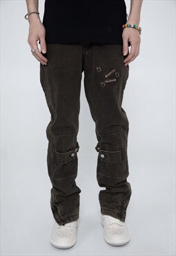 Side zip jeans ammunition patch denim pants in green