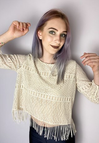 VINTAGE 90S CREAM WHITE LACE FINS BLOUSE