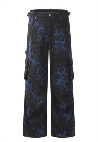 Blue leopard jeans combat trousers animal print denim pants