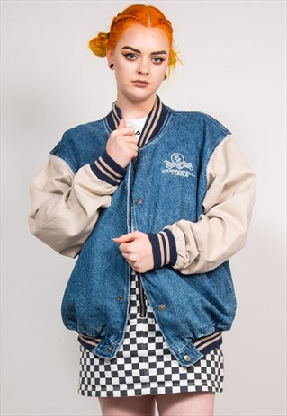 990'S VINTAGE EMBROIDERED DENIM BASEBALL STYLE JACKET