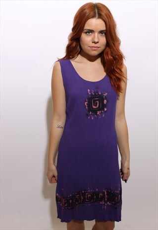 VINTAGE 1990'S 90'S PURPLE BLEACHED TIE DYED TRIBAL DRESS OS