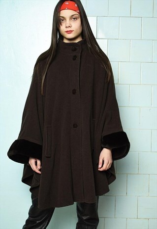 VINTAGE 80S BROWN FAUX FUR SWING WOOLLEN COAT CAPE LADIES