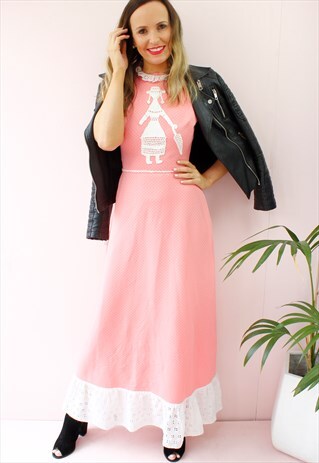 VINTAGE 80'S POLKA BRODERIE ANGLAIS LACE FRILL MAXI DRESS