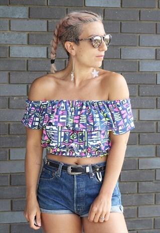 VINTAGE 1990S PRINTED CROPPED OFF THE SHOULDER FRILL TOP
