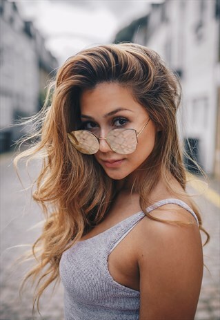 SILVER RIMLESS REFLECTIVE CAT EYE SUNGLASSES "ELECTRA"