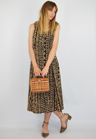VINTAGE BLACK & GOLD ABSTRACT PRINT SUMMER DRESS