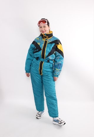 Vintage blue ski suit, 90s one piece ski jumpsuit, women 
