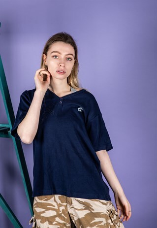 VINTAGE NIKE SPORTS T-SHIRT IN NAVY BLUE SILVER TICK LOGO