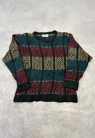 VINTAGE KNITTED JUMPER ABSTRACT PATTERNED GRANDAD SWEATER