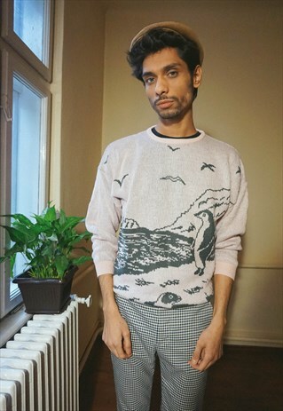 VINTAGE DUSTY PINK PENGUIN PATTERNED WINTER JUMPER