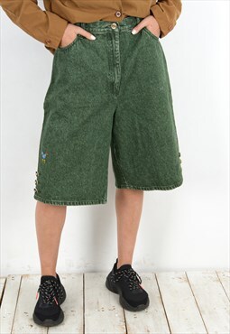 Women XL Hammerschmid Green Denim Trachten Shorts Embroidere