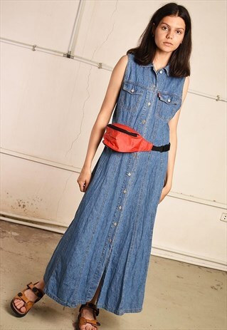 90'S RETRO DENIM PARIS CHIC FESTIVAL PINAFORE MAXI DRESS