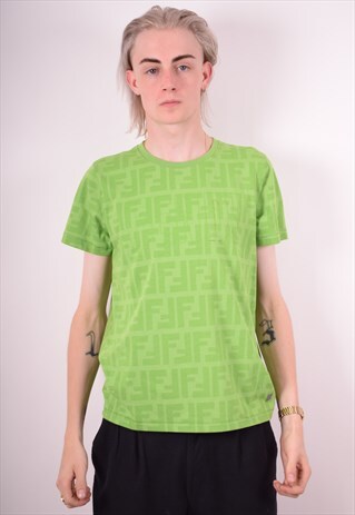FENDI MENS VINTAGE T-SHIRT TOP MEDIUM GREEN 90S