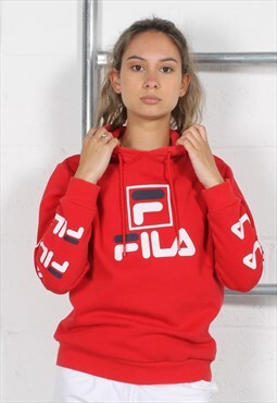 Vintage Fila Hoodie in Red with Spell Out Logo XS