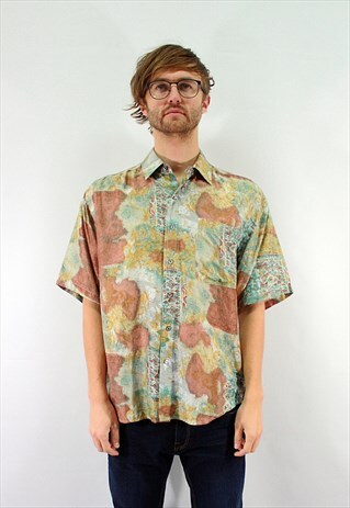VINTAGE 80' AMAZING BEAUTIFUL ORANGE TONES SILK SHIRT