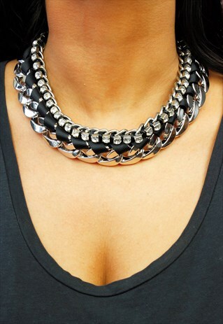 BLACK ROPE SILVER DIAMANTE CHUNKY STATEMENT NECKLACE