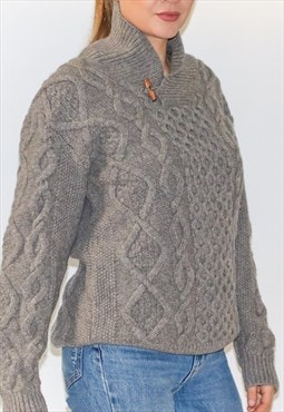 High Neck Button Close  Pure Wool Irish Aran Jumper