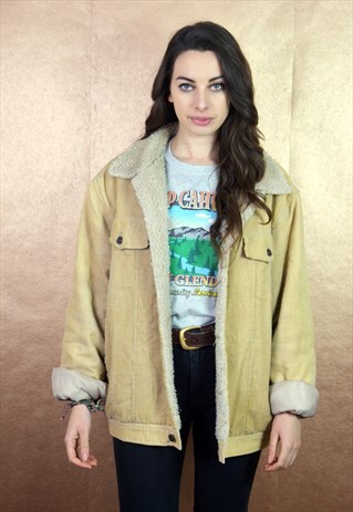90S VINTAGE MINIMAL BEIGE BROWN CORD SHERPA LINED JACKET